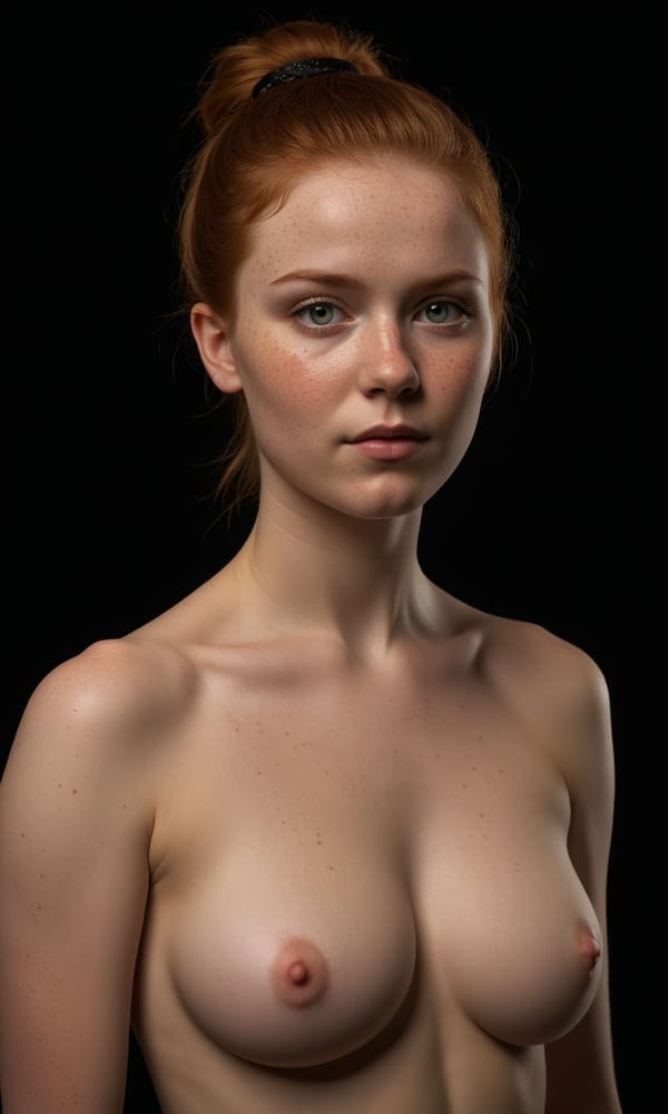 Tags: undefined
(full body photo of topless pale readhead 1girl:1.2),  (Supple breasts with aroused nipples1.1) simple background, brown hair ponytail, swept bangs, shaved smooth pussy , elegant, beautiful, freckles, realistic, beautiful eyes, dark shadows, night background, dark, chiaroscuro, low-key, slight smile, 
<lora:skin_4:0.2>, <lora:Perfect Hands v2:0.2>,
Negative prompt: pubic hair, bad quality, blurry, ugly, hand, hands, panties, thong

Steps: 24, Sampler: Euler a, CFG scale: 2, Seed: 2104456732, Size: 768x1280, Model hash: c8df560d29, Model: juggernautXL_v9Rdphoto2Lightning, Denoising strength: 0.5, Wildcard prompt: "(full body photo of topless pale readhead 1girl:1.2),  (__breast_size__ breasts with aroused nipples1.1) simple background, brown hair ponytail, swept bangs, __sexy_bottom_attire__, elegant, beautiful, freckles, realistic, beautiful eyes, dark shadows, night background, dark, chiaroscuro, low-key, slight smile, \n<lora:skin_4:0.2>, <lora:Perfect Hands v2:0.2>,", Hires upscale: 1.5, Hires steps: 12, Hires upscaler: R-ESRGAN 4x+, Lora hashes: "skin_4: 0fa3db041a60, Perfect Hands v2: 8448755682f7", Version: v1.8.0