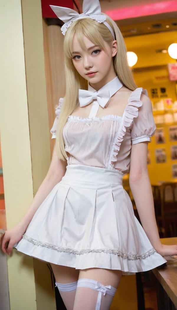 Tags: 21872187, SDXL
{"3": {"inputs": {"seed": 632489459309330, "steps": 32, "cfg": 5.87, "sampler_name": "dpmpp_2m", "scheduler": "karras", "denoise": 1.0, "model": ["27", 0], "positive": ["6", 0], "negative": ["7", 0], "latent_image": ["5", 0]}, "class_type": "KSampler"}, "4": {"inputs": {"ckpt_name": "juggernautxl.safetensors"}, "class_type": "CheckpointLoaderSimple"}, "5": {"inputs": {"width": 768, "height": 1344, "batch_size": 1}, "class_type": "EmptyLatentImage"}, "6": {"inputs": {"text": "18 year old girl, (temptress:1.13), (idol:1.13), (pale skin:1.01), (slim:0.96), (sexy lips:0.96), (beautiful eyes:1.07), (double eyelids:1.03), (detailed face:0.95), (eyelashes:0.99), (seductive facial expression:1.11), (blush:0.99), (cute:1.10), (perky ass:1.06), (exposed ass:1.04), (looking back:0.99), (sexy ass:1.00), (thigh gap:1.05), in a (skimpy maid costume:1.09) working at a maid cafe, choker, bowtie, headband, pleated skirt, (soft lighting:1.04), (textured skin:1.04), (portra:1.02), (RAW:1.05), (film:1.06), (natural looking skin:1.02), (detailed skin:1.03), (candid cinema:1.02), (skin fuzz:1.09)", "clip": ["27", 1]}, "class_type": "CLIPTextEncode"}, "7": {"inputs": {"text": "(twisted:1.08), (bad hands:1.14), (watermark:1.08), (distorted:1.11), (worst quality:1.07), (low resolution:1.11), (open mouth:1.13)", "clip": ["27", 1]}, "class_type": "CLIPTextEncode"}, "8": {"inputs": {"samples": ["3", 0], "vae": ["4", 2]}, "class_type": "VAEDecode"}, "25": {"inputs": {"lora_name": "nudify_xl.safetensors", "strength_model": 0.11, "strength_clip": 0.21, "model": ["4", 0], "clip": ["4", 1]}, "class_type": "LoraLoader"}, "26": {"inputs": {"lora_name": "shirtlift_SDXL_v2.safetensors", "strength_model": 0.11, "strength_clip": 0.13, "model": ["25", 0], "clip": ["25", 1]}, "class_type": "LoraLoader"}, "27": {"inputs": {"lora_name": "PerfectEyesXL.safetensors", "strength_model": 0.13, "strength_clip": 0.1, "model": ["26", 0], "clip": ["26", 1]}, "class_type": "LoraLoader"}, "30": {"inputs": {"model_name": "4x_NMKD-Superscale-SP_178000_G.pth"}, "class_type": "UpscaleModelLoader"}, "31": {"inputs": {"upscale_model": ["30", 0], "image": ["8", 0]}, "class_type": "ImageUpscaleWithModel"}, "32": {"inputs": {"upscale_method": "lanczos", "scale_by": 0.5, "image": ["31", 0]}, "class_type": "ImageScaleBy"}, "33": {"inputs": {"pixels": ["32", 0], "vae": ["4", 2]}, "class_type": "VAEEncode"}, "34": {"inputs": {"seed": 632489459309330, "steps": 32, "cfg": 5.87, "sampler_name": "dpmpp_2m", "scheduler": "karras", "denoise": 0.3, "model": ["27", 0], "positive": ["6", 0], "negative": ["7", 0], "latent_image": ["33", 0]}, "class_type": "KSampler"}, "36": {"inputs": {"samples": ["34", 0], "vae": ["4", 2]}, "class_type": "VAEDecode"}, "39": {"inputs": {"filename_prefix": "comfyapi-1714644997296", "images": ["36", 0]}, "class_type": "SaveImage"}}