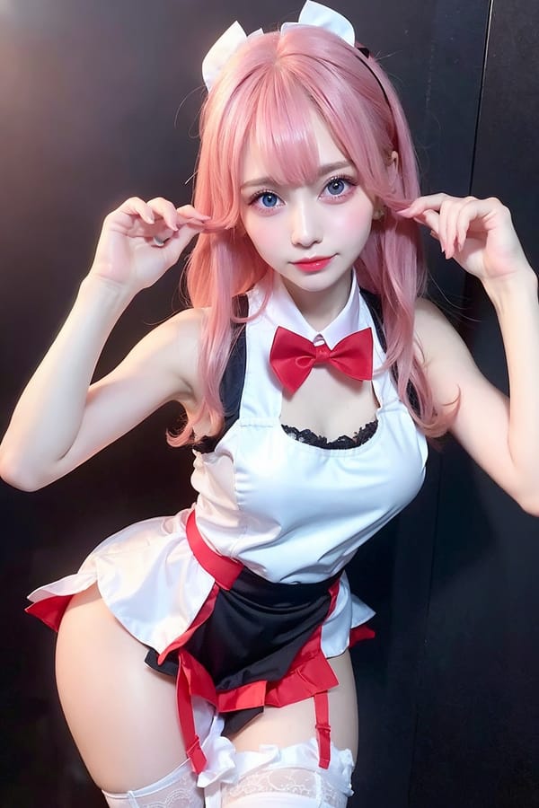 Tags: 21872187
<lora:JapaneseDollLikeness_v15:0.63>, <lora:YaeMiko_Test:0.68>, (russian:1.08), maid cafe, stockings, (maid costume:0.98), choker, bowtie, headband, (pleated skirt:0.97), (seductive pose:1.11), extremely detailed eyes, extremely detailed face, cute, (photorealistic:0.93), seductive smile, double eyelids, eyelashes, pale skin, perky breasts, full body portrait, textured skin, 4K, sharp, hyper realistic, (thigh gap:1.18), delicate and beautiful girl, solo, (stunningly attractive:1.07), (dramatic:0.95)
Negative prompt: drawings, anime, ugly, (worst quality:1.95)
Steps: 32, Sampler: DPM++ 2M Karras, CFG scale: 7.38, Seed: 104126727, Size: 512x768, Model hash: fc2511737a, Model: chilloutmix_NiPrunedFp32Fix, Seed resize from: -1x-1, Denoising strength: 0.35, Version: v1.2.1, Hires upscale: 2.0, Hires steps: 16, Hires upscaler: ESRGAN_4x
