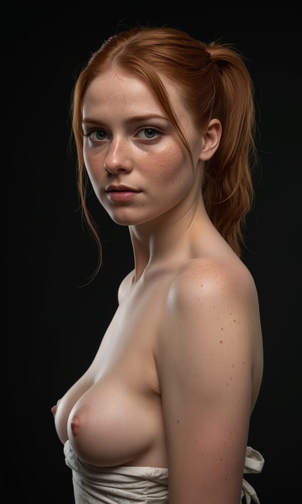 Tags: undefined
(full body photo of topless pale readhead 1girl:1.2),  (Heavy breasts with aroused nipples1.1) simple background, brown hair ponytail, swept bangs, micro skirt , elegant, beautiful, freckles, realistic, beautiful eyes, dark shadows, night background, dark, chiaroscuro, low-key, slight smile, 
<lora:skin_4:0.2>, <lora:Perfect Hands v2:0.2>,
Negative prompt: pubic hair, bad quality, blurry, ugly, hand, hands, panties, thong

Steps: 24, Sampler: Euler a, CFG scale: 2, Seed: 2104456716, Size: 768x1280, Model hash: c8df560d29, Model: juggernautXL_v9Rdphoto2Lightning, Denoising strength: 0.5, Wildcard prompt: "(full body photo of topless pale readhead 1girl:1.2),  (__breast_size__ breasts with aroused nipples1.1) simple background, brown hair ponytail, swept bangs, __sexy_bottom_attire__, elegant, beautiful, freckles, realistic, beautiful eyes, dark shadows, night background, dark, chiaroscuro, low-key, slight smile, \n<lora:skin_4:0.2>, <lora:Perfect Hands v2:0.2>,", Hires upscale: 1.5, Hires steps: 12, Hires upscaler: R-ESRGAN 4x+, Lora hashes: "skin_4: 0fa3db041a60, Perfect Hands v2: 8448755682f7", Version: v1.8.0