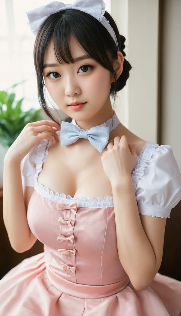 Tags: 21872187, SDXL
{"3": {"inputs": {"seed": 857964018277561, "steps": 32, "cfg": 6.39, "sampler_name": "dpmpp_2m", "scheduler": "karras", "denoise": 1.0, "model": ["27", 0], "positive": ["6", 0], "negative": ["7", 0], "latent_image": ["5", 0]}, "class_type": "KSampler"}, "4": {"inputs": {"ckpt_name": "juggernautXL_v8Rundiffusion.safetensors"}, "class_type": "CheckpointLoaderSimple"}, "5": {"inputs": {"width": 768, "height": 1344, "batch_size": 1}, "class_type": "EmptyLatentImage"}, "6": {"inputs": {"text": "22 year old girl, (korean:1.06), (japanese:1.04), (seductive facial expression:0.97), (slim:1.13), (idol:1.04), (sexy lips:1.05), (detailed face:0.99), (cute:1.11), (seductive pose:1.03), (beautiful eyes:1.05), (double eyelids:1.10), (eyelashes:1.05), (blush:1.02), (temptress:1.01), (pale skin:1.00), (in a seductive pose:0.95), (large perky breasts:1.04), (cleavage:0.98), (thigh gap:0.97), in a (skimpy maid costume:1.07) working at a maid cafe, choker, bowtie, headband, pleated skirt, (candid cinema:1.03), (portra:1.01), (textured skin:1.00), (skin fuzz:1.03), (soft lighting:1.07), (natural looking skin:1.03), (detailed skin:1.08), (film:1.05), (RAW:1.01)", "clip": ["27", 1]}, "class_type": "CLIPTextEncode"}, "7": {"inputs": {"text": "(watermark:1.07), (distorted:1.10), (bad hands:1.12), (twisted:1.06), (open mouth:1.12), (low resolution:1.05), (worst quality:1.10)", "clip": ["27", 1]}, "class_type": "CLIPTextEncode"}, "8": {"inputs": {"samples": ["3", 0], "vae": ["4", 2]}, "class_type": "VAEDecode"}, "25": {"inputs": {"lora_name": "nudify_xl.safetensors", "strength_model": 0.06, "strength_clip": 0.12, "model": ["4", 0], "clip": ["4", 1]}, "class_type": "LoraLoader"}, "26": {"inputs": {"lora_name": "shirtlift_SDXL_v2.safetensors", "strength_model": 0.11, "strength_clip": 0.04, "model": ["25", 0], "clip": ["25", 1]}, "class_type": "LoraLoader"}, "27": {"inputs": {"lora_name": "PerfectEyesXL.safetensors", "strength_model": 0.0, "strength_clip": 0.02, "model": ["26", 0], "clip": ["26", 1]}, "class_type": "LoraLoader"}, "30": {"inputs": {"model_name": "4x_NMKD-Superscale-SP_178000_G.pth"}, "class_type": "UpscaleModelLoader"}, "31": {"inputs": {"upscale_model": ["30", 0], "image": ["8", 0]}, "class_type": "ImageUpscaleWithModel"}, "32": {"inputs": {"upscale_method": "lanczos", "scale_by": 0.5, "image": ["31", 0]}, "class_type": "ImageScaleBy"}, "33": {"inputs": {"pixels": ["32", 0], "vae": ["4", 2]}, "class_type": "VAEEncode"}, "34": {"inputs": {"seed": 857964018277561, "steps": 32, "cfg": 6.39, "sampler_name": "dpmpp_2m", "scheduler": "karras", "denoise": 0.3, "model": ["27", 0], "positive": ["6", 0], "negative": ["7", 0], "latent_image": ["33", 0]}, "class_type": "KSampler"}, "36": {"inputs": {"samples": ["34", 0], "vae": ["4", 2]}, "class_type": "VAEDecode"}, "39": {"inputs": {"filename_prefix": "comfyapi-1707272701761", "images": ["36", 0]}, "class_type": "SaveImage"}}