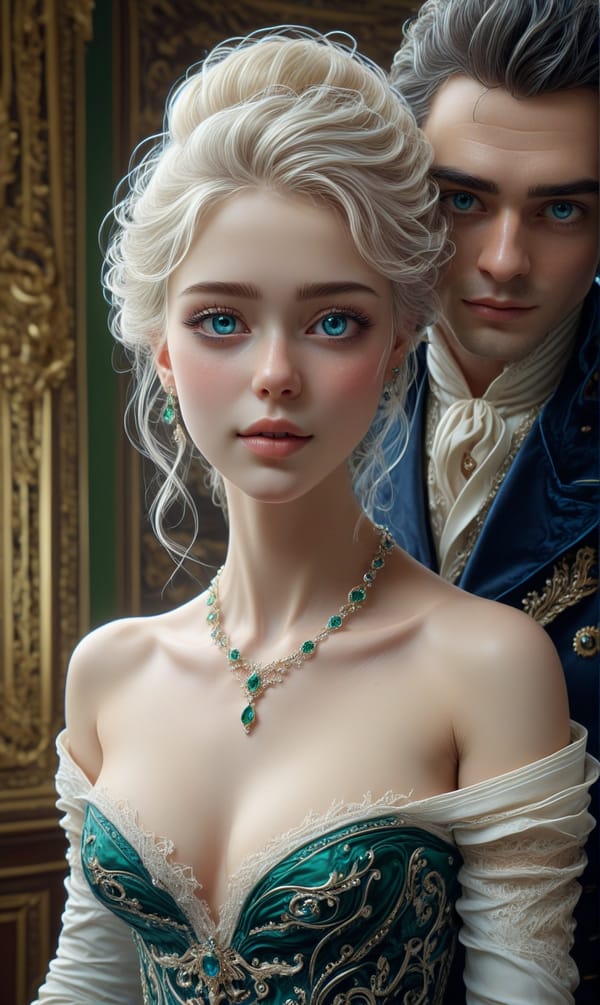 Tags: undefined
(topless nude her bare breast breasts nipples:1.7),
(man and a woman couple embracing each other there is a height difference between them), 
(1 topless blonde girl wearing green ballgown falling off shoulders exposing her bare breasts: 1.1),
(1 black haired man wearing black velvet ducal jacket with black swept back hair queue hansome:1.1), 

(ultra realistic:1.3),(best quality:1.3),(illustration:1.1),(hyper detailed:1.1),(high quality:1.1),masterpiece, pale complexion, intricate details, ultra detailed,(height difference:1.1),(eye contact:1.2),close together, emerald necklace,(blue colored eyes:1.2),(preparing to waltz:1.1),ballroom, small smile,elegant,1790s British formal clothes,
<lora:JuggerCineXL2:1>,<lora:LaxpeintXL-2.0:0.7>,<lora:add_detail:1>,<lora:more_details:1>,<lora:Tempest_Magic_-_XL_Grimoire:1>,<lora:detailed_notrigger:1>,
Negative prompt: ((hand, hands)),greyscale, bad anatomy, extra fingers, extra limbs, bad eyes,(mutated limbs:1.2),(mutated hands, mutated fingers:1.2),(deformed hands:1.2),simple background, signature, writing, logo, watermark, abnormal eye proportion,ugly-detailed-fingers,ugly-detailed-toes,fingers-in-worst-possible-shape,worst-detailed-eyes,undetailed-eyes,undetailed-fingers,mustache,closed-eyes,(wrinkled-coat:1.1),
Steps: 36, Sampler: Euler a, CFG scale: 1.5, Seed: 2982642816, Size: 768x1280, Model hash: c8df560d29, Model: juggernautXL_v9Rdphoto2Lightning, Denoising strength: 0.4, Hires upscale: 1.35, Hires steps: 4, Hires upscaler: R-ESRGAN 4x+, Lora hashes: "JuggerCineXL2: 91f68961ddc0, more_details: 3b8aa1d351ef, Tempest_Magic_-_XL_Grimoire: 705cf362e7a7, detailed_notrigger: 0f984fef7394", Version: v1.8.0